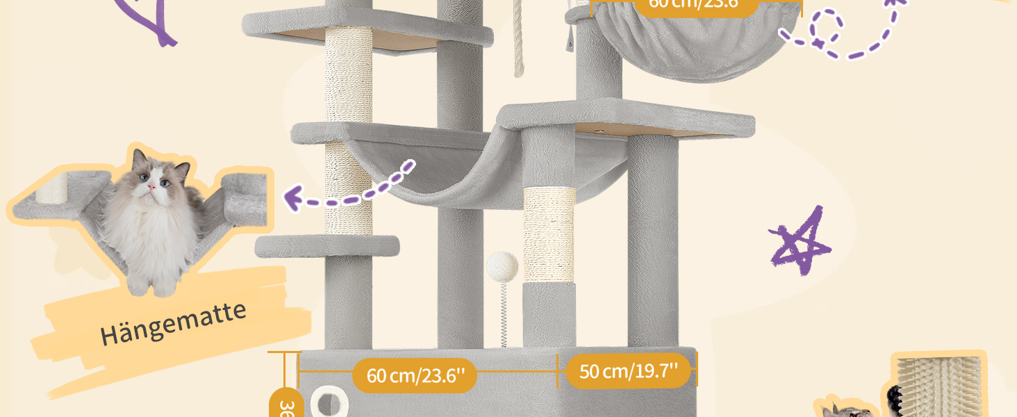 Когтеточка для котів Hzuaneri XXL (203 см) з великою платформою, 2 печери, 7 стовпчиків, помпонами, лежаками та гамаком. Підходить для всіх порід котів. MS20318YL (Світло-сірий)