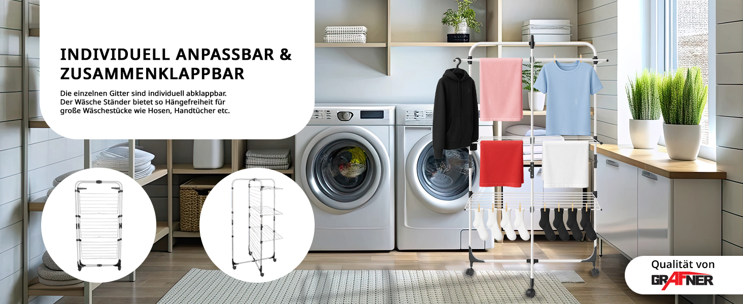 Сушарка для білизни Grafner Turm з колесами, 30 метрів мотузки, 3 яруси, 6 крил, розкладна та компактна