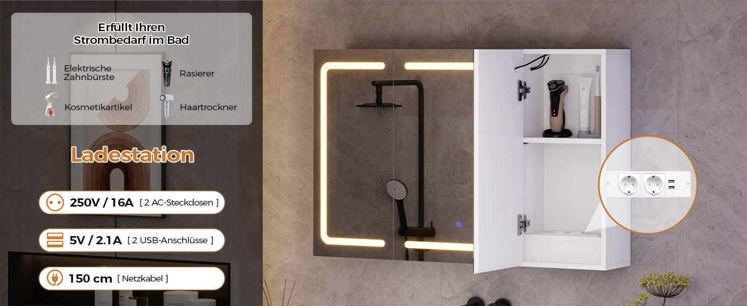 Дзеркало-шафка для ванної кімнати з LED-підсвічуванням, розеткою та 3 колірними температурами. Ванна шафка 60x90x16 см (ВxШxГ), з регулюванням яскравості + сенсорне керування. Біла дзеркальна шафка з 3 регульованими полицями та дзеркалом 60x90x16 см