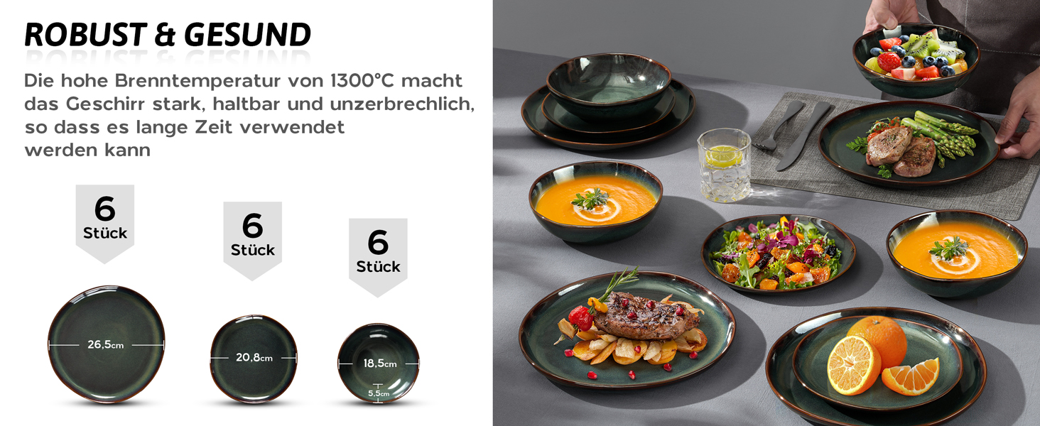 Сервіз Joyfair на 6 осіб, 18 предметів, кераміка, набір посуду, тарілки для їжі, десертні тарілки, миски для каші, сумісний з мікрохвильовою піччю та посудомийною машиною, колір Тандра Грін