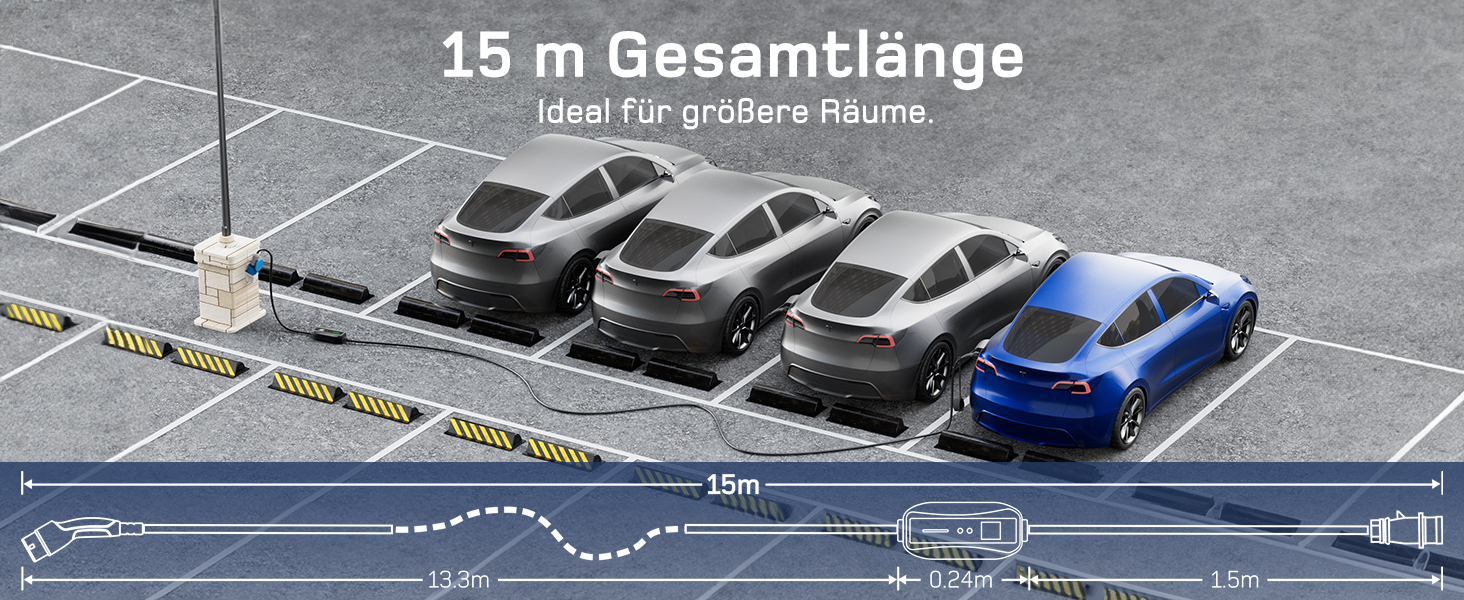 Мобільна зарядна станція (Wallbox) 11 кВт, 3-фазна, 7м, 6-16A з регульованою потужністю, кабель CEE 16A на Typ 2, для електромобілів Model Y/3, ID.3/4/5, MG4, EX30, e-up, e-tron, Zoe та інших EV (CEE 7 кВт, 15м)