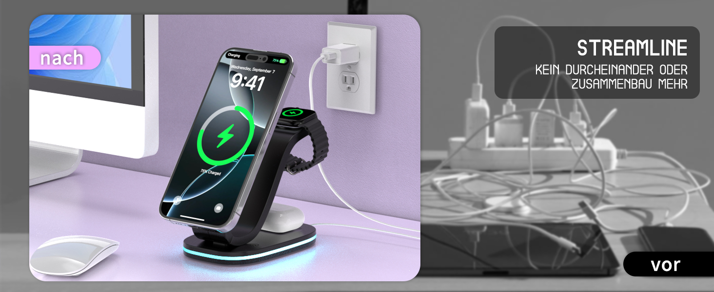 Зарядний станція Aimtel Schwanenhals 3-в-1 Qi2 MagSafe для Apple Watch, iPhone 17 Pro Max/17/16/15 та AirPods (30W, білий/чорний)