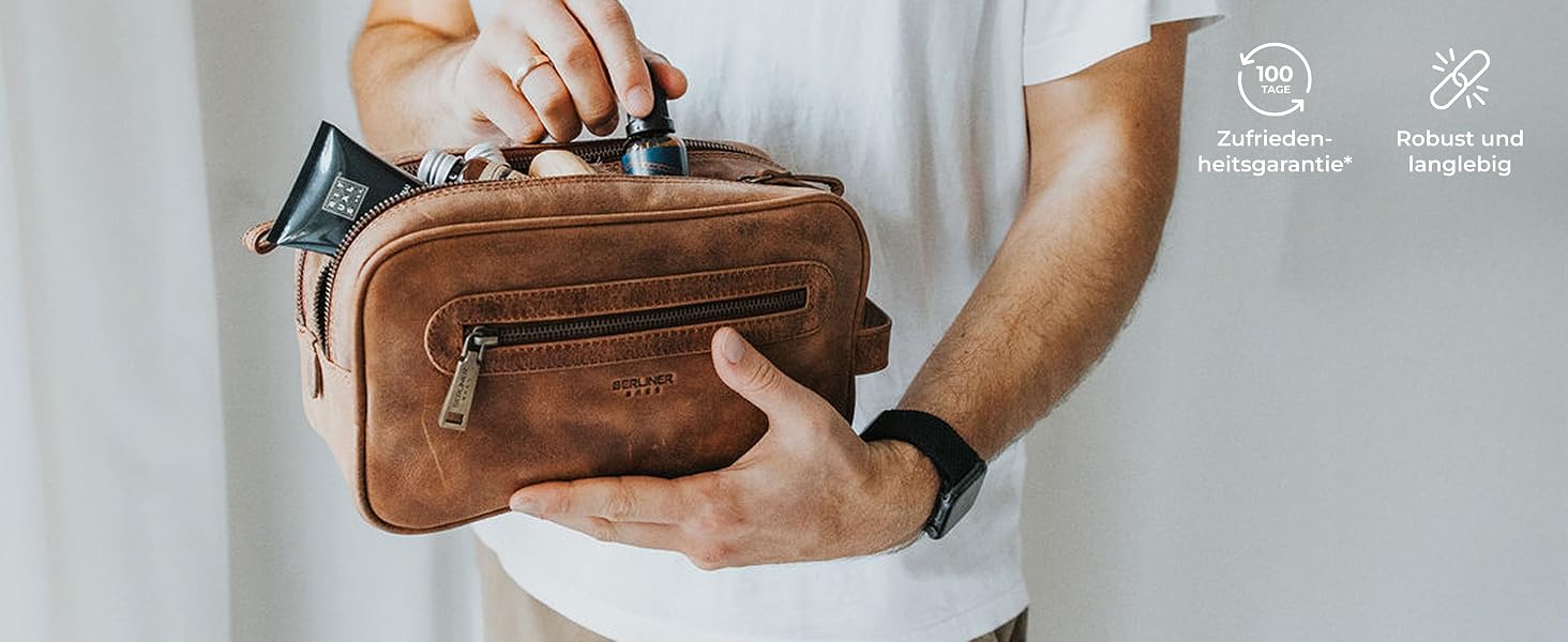 Шкіряна косметичка для подорожей Berliner Bags Premium Kulturbeutel Max, велика сумка для гігієни з 2 відділеннями для жінок та чоловіків (Camel)