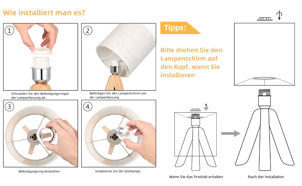 Настільна лампа LIANTRAL 2 шт., Сучасна лампа на ніжці, з абажуром з льону та дерев'яним каркасом, E27, для спальні, вітальні, гуртожитку, кремового кольору