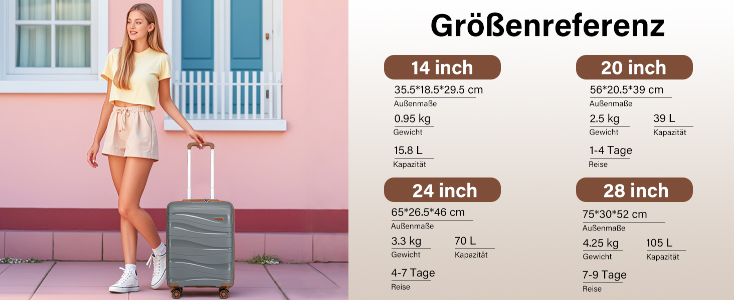 KONO Чемодан середнього розміру 65 см з поліпропілену, з TSA замком, 65x46x26.5 см (Крем-білий) (Сіро-коричневий), ручна поклажа