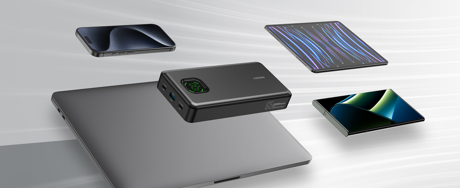 Power Bank 65W 25000mAh Klein Aber Stark для ноутбука та iPhone/iPad: портативний акумулятор з LED дисплеєм, USB-C, сірий
