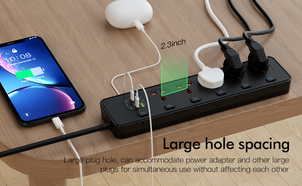 Мережевий фільтр Steckdose Universal з індивідуальними вимикачами, 5 розеток, 3250W, кабель 1.8м, 4 x USB-C 20W та 2 x USB-A, мережева стрічка