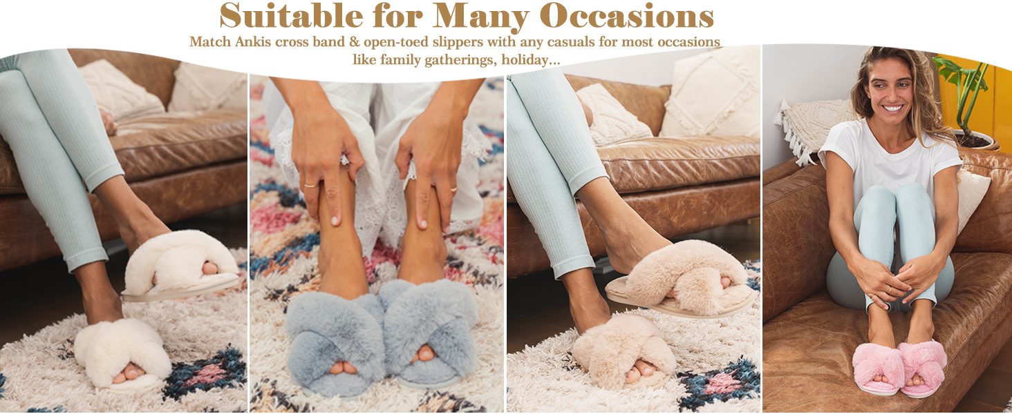 Тапочки жіночі Ankis Hausschuhe з плюшу, теплі зимові, з перехресними ремінцями, з піною пам'яті, з відкритим носком, пухнасті тапочки для дому та вулиці (білий, чорний, сірий, верблюжий) (42/43 EU)