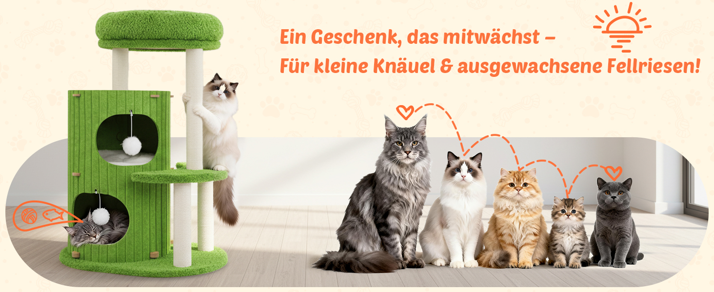 Котячий будиночок з подряпувачем Luxus: широка колона з берези, міцний, до 25 кг, сизаль, велике ліжко з подушкою з льону, легко збирається (зелений)