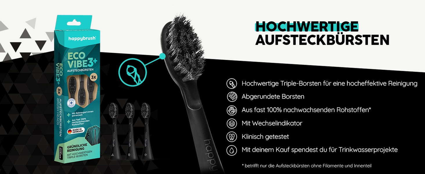 Електрична звукова зубна щітка happybrush® Eco Vibe 3 - Тест-переможець - 100 днів тестування. В комплекті 4 насадки. Чорний колір.
