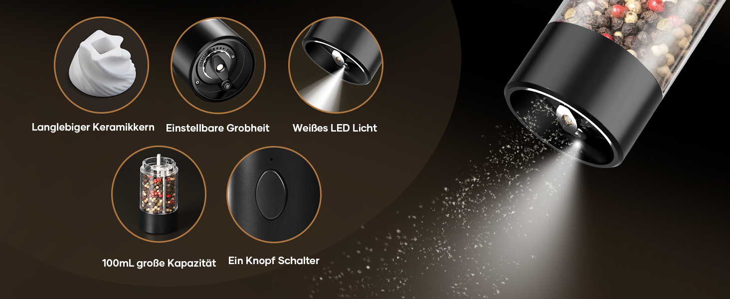 Електричні мельниці для солі та перцю 2 шт. (чорні) з регулюванням помелу, LED-підсвіткою та ємністю 100 мл