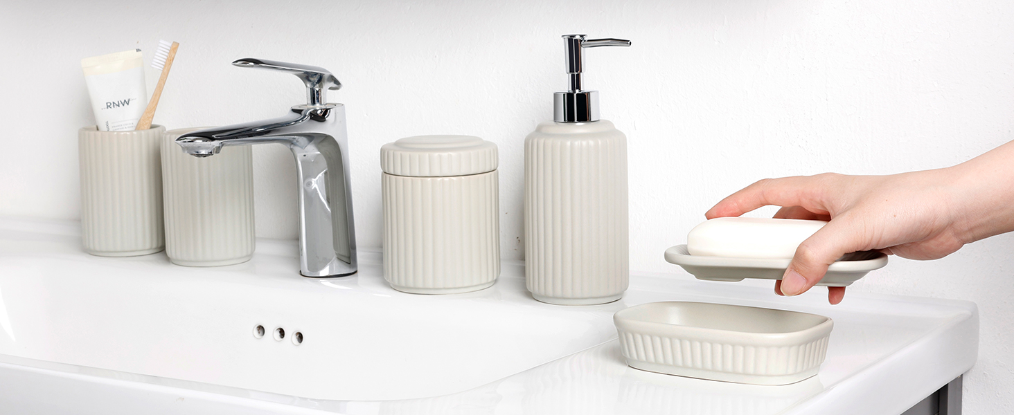 Набір для ванної кімнати NOVAJOY, кераміка, 5 предметів: мильниця, дозатор мила, тримач для зубних щіток, контейнер для ватних паличок, декор для ванної кімнати преміум-якість (абрикосовий сірий)