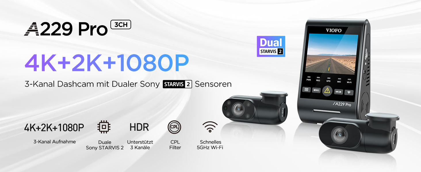 Автомобільний відеореєстратор VIOFO A229 Pro 3CH (4K+2K+1080P), Dual STARVIS 2, GPS, 5GHz WLAN, 3-канальний