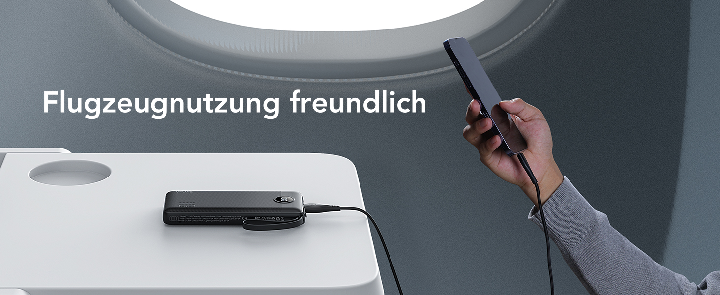 Power Bank VRURC 10000mAh з 4 кабелями, портативний акумулятор USB-C для iPhone/Huawei/Samsung, LED-дисплей, 5 виходів, чорний