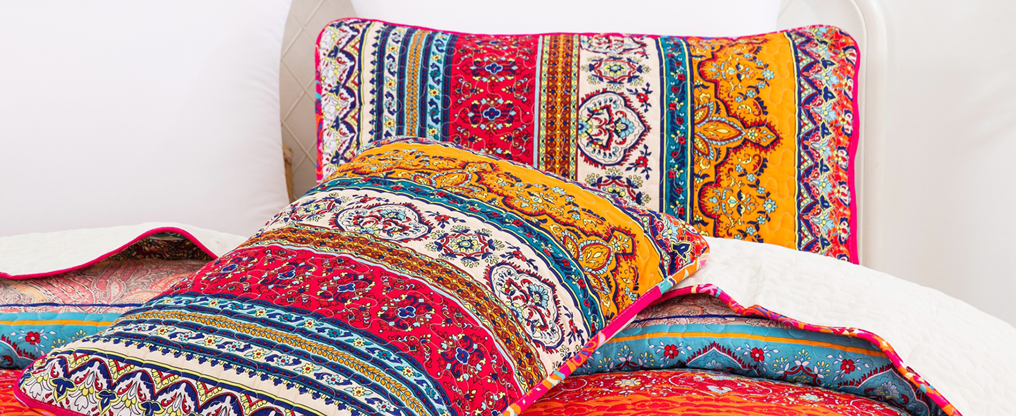 Покривало WONGS BEDDING Boho 220x240 см, мікрофібра, 3 предмети: стьобане покривало на двоспальне ліжко та 2 наволочки 50x70 см, для спальні або дивана (Богемний стиль)