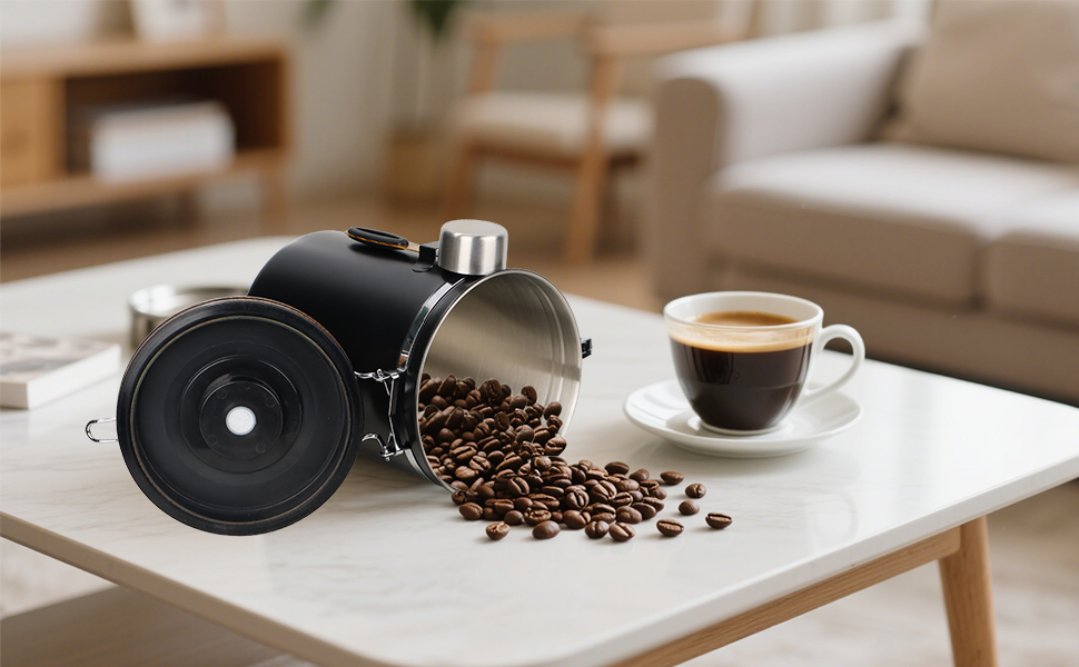 Каньора для кави 1 кг, нержавіюча сталь з дерев'яним декором, вакуумна каністра з CO2-клапаном, мірна ложка та індикатор дати, для кави, горіхів, какао