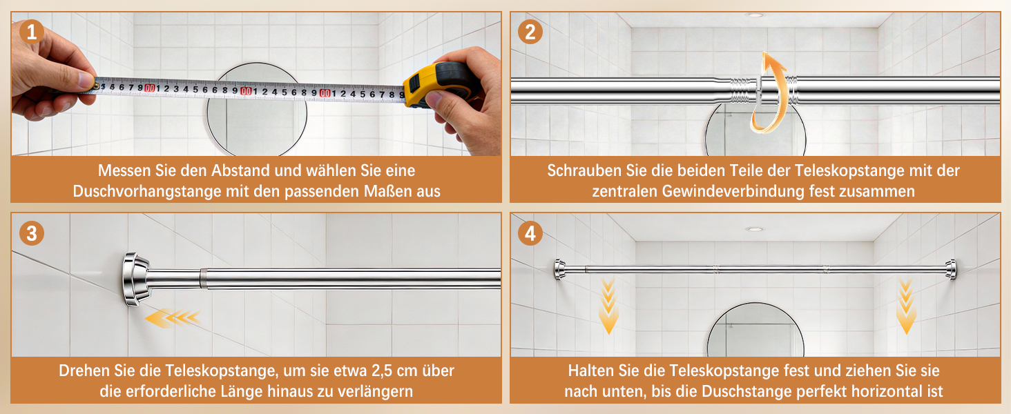 Штанга для душу без свердління, штанга для душу з нержавіючої сталі, стійка до іржі та ковзання, телескопічна висувна штанга 80-250см, для ванної кімнати, вікна, кухні, шафи