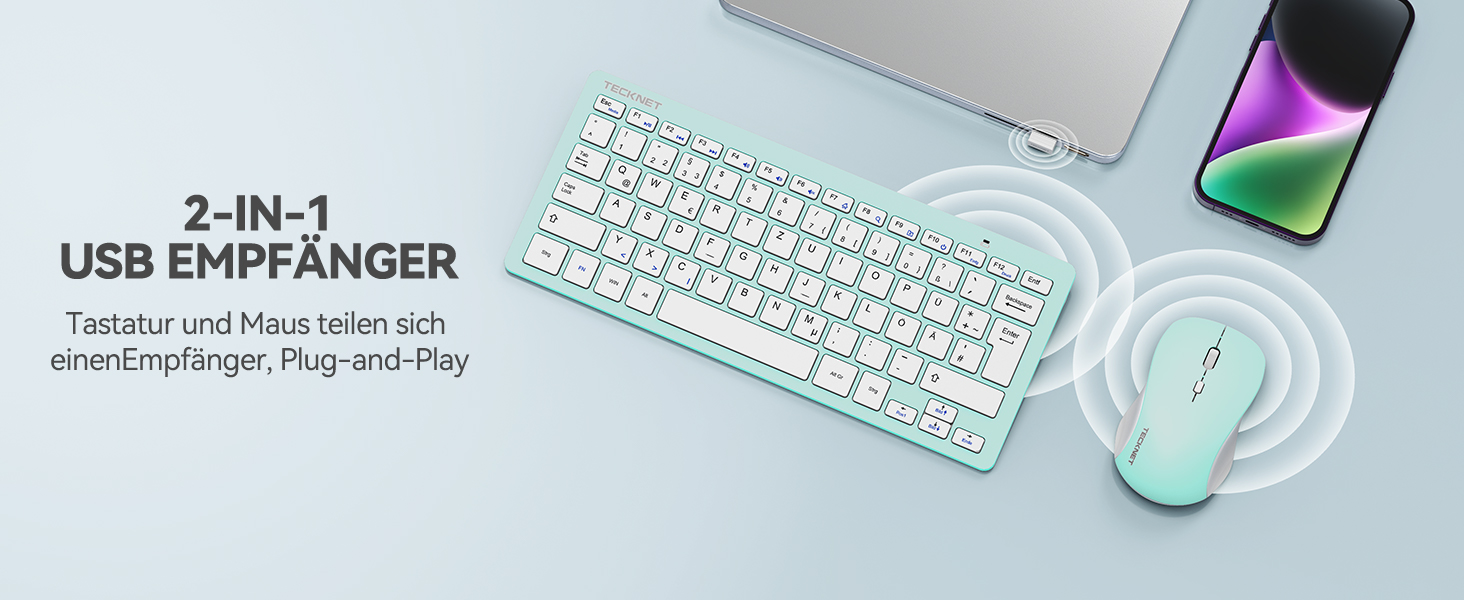 Бездротова клавіатура та миша TECKNET QWERTZ, 2.4 GHz, 15м, тиха, для ПК, ноутбука, Smart TV, білий (зелений)