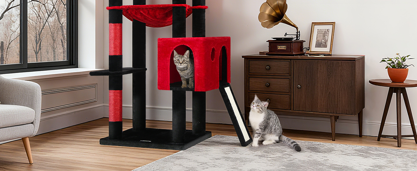 Дім-кігтеточка для котів Globlazer Kaktus (178 см, XXL, Готичний) з гамаком, платформами та когтеточкою з сизалю. Стабільна конструкція для 2-4 великих котів.