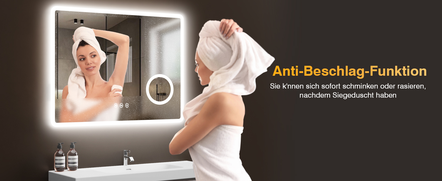 Дзеркало для ванної кімнати з підсвічуванням 80x60 см, 3 кольори, регулювання яскравості, протитуманне покриття, 3x збільшення, розетка для гоління, IP44, для горизонтального/вертикального монтажу