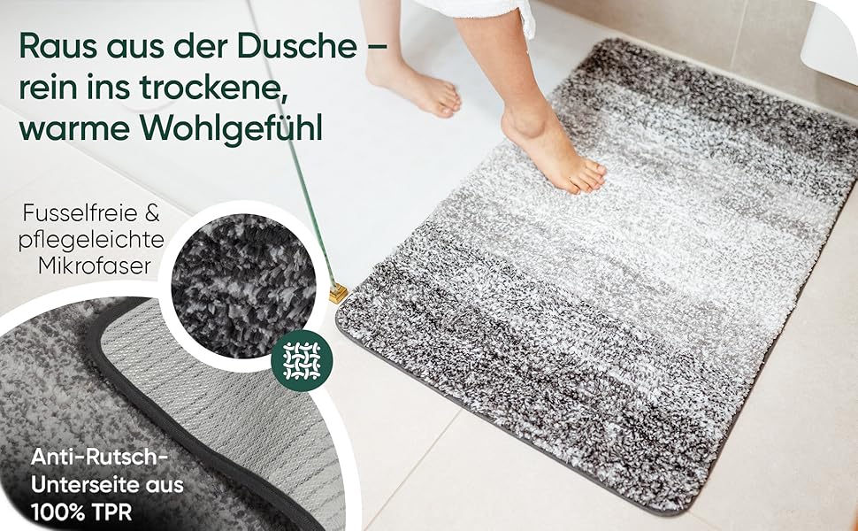 MOSSWANDERER Non-Slip Bathroom Rug - 60x90cm | Washable Luxury Bath Mat | Modern Black & Gray Design | Absorbent Floor Mat for Bathroom, Shower & More