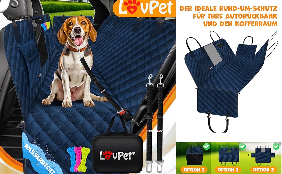 Захист для автосидіння та багажника Lovpet® для собак 2в1 з боковими захистами та оглядовим вікном. Водовідштовхувальний, універсальний, для собак, синій.
