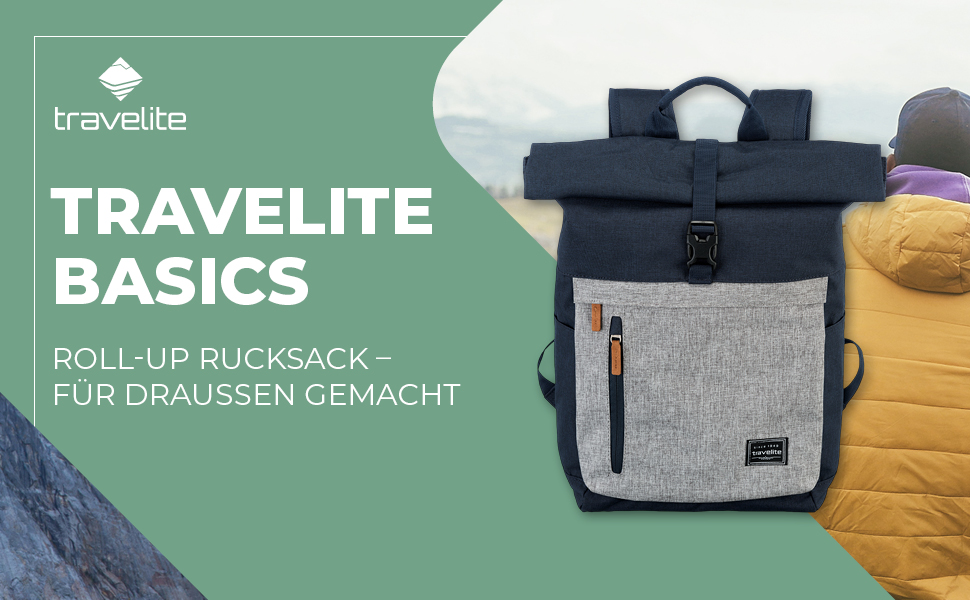 Рюкзак Travelite для ручної поклажі, рюкзак для ноутбука 15.6 дюймів, BASICS, туристичний рюкзак Rolltop, 60 см, 35 літрів, Marine/Gray