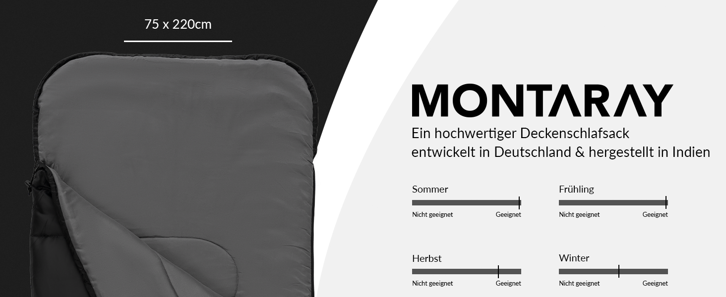 Montaray® Hooded Sleeping Bag -3°C - Outdoor Winter & Summer Sleeping Bag for Men & Women - 3-4 Season, 75x220cm, Hut Sleeping Bag, Black, 280GSM