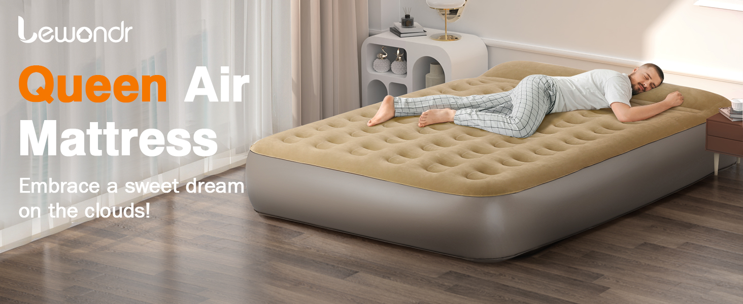 Надувне ліжко Lewondr на 2 особи з вбудованим насосом, комфортна повітряна матрац, самонадувна ліжко для кемпінгу, дому, гостей, подорожей (300 кг MAX), (203x152x33 см, Хакі)