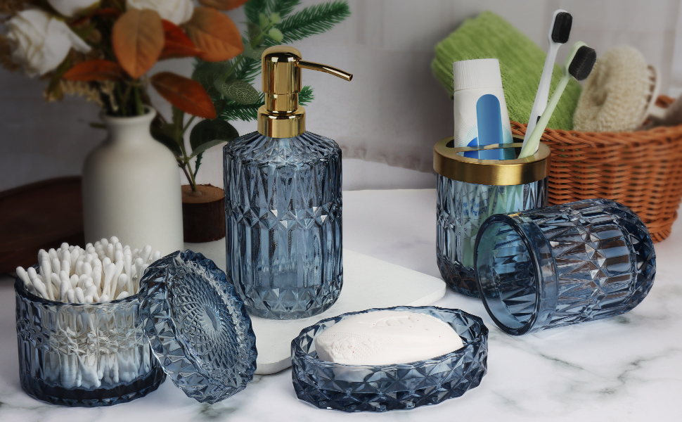 Набір аксесуарів для ванної кімнати 5 предметів, чорний дозатор для мила та лосьйону, мильничка, підставка для зубних щіток, стаканчик, склянка для ватних паличок, прозорий скляний бокс (Синій)
