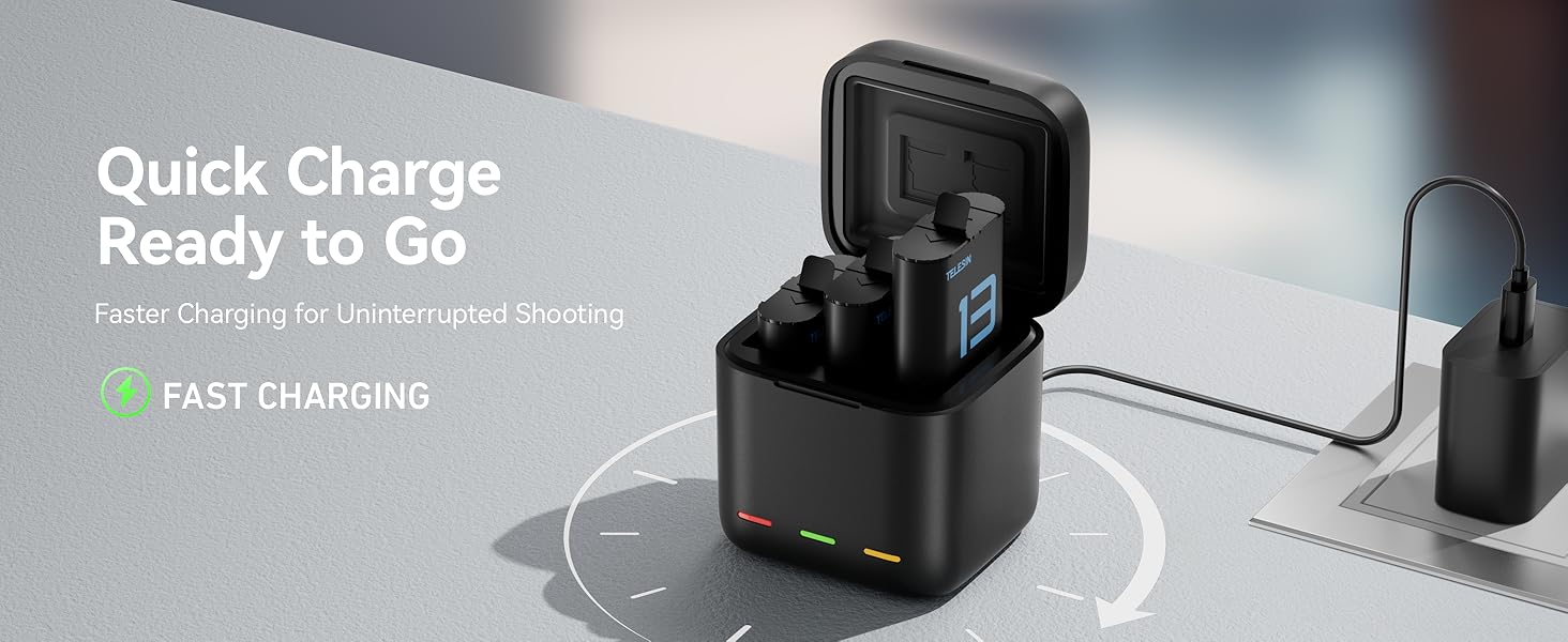 Акумулятори TELESIN 2 шт. з зарядним пристроєм для GoPro Hero 13 Black, сумісні з оригінальними акумуляторами, тризарядний USB-чохол з Type-C кабелем, акумуляторна сумка для Go Pro 13 Black