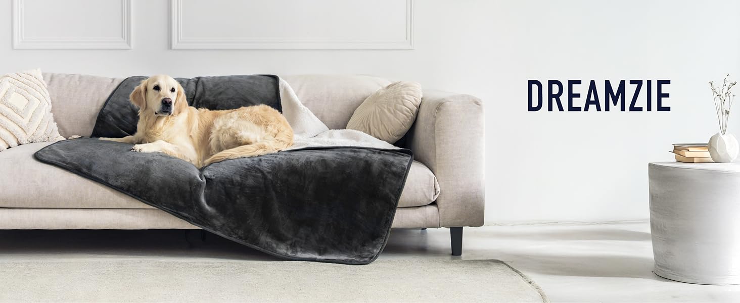 Водонепроникний коврик Dreamzie для собак 63x88 см - для дивана та ліжка, Sherpa Fleece, reversible, миючий, темно-сірий