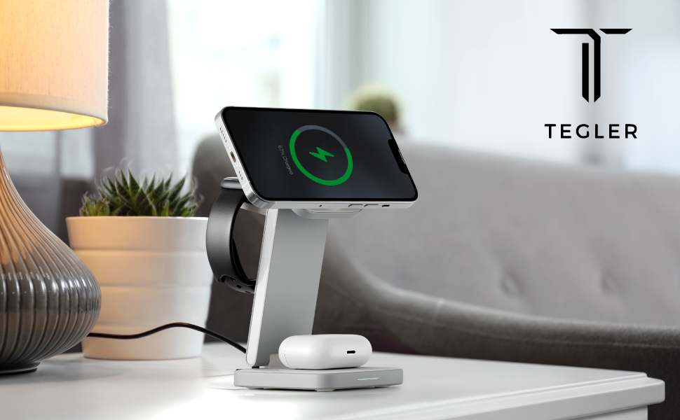 TEGLER 3-в-1 MagSafe зарядний пристрій: алюмінієва зарядна станція для iPhone, Apple Watch та AirPods, з адаптером 20W та USB-C кабелем