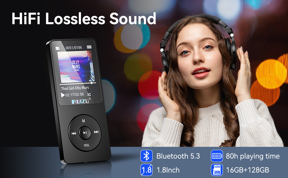 MP3 плеєр 64GB з Bluetooth 5.3, легкий (30г), до 80 годин роботи, 1.8