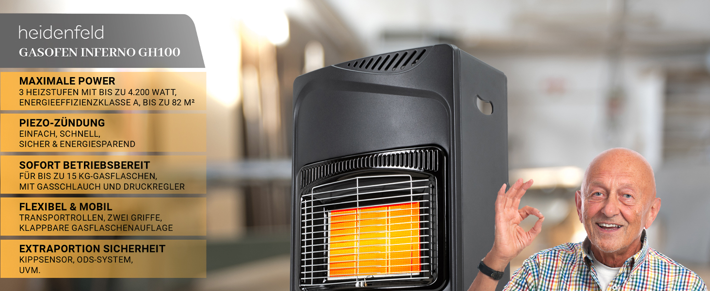Газовий обігрівач Heidenfeld Inferno GH100 | 3 роки гарантії, 4200 Вт, для приміщень, газ до 15 кг,(Газовий балон не входить у комплект)
