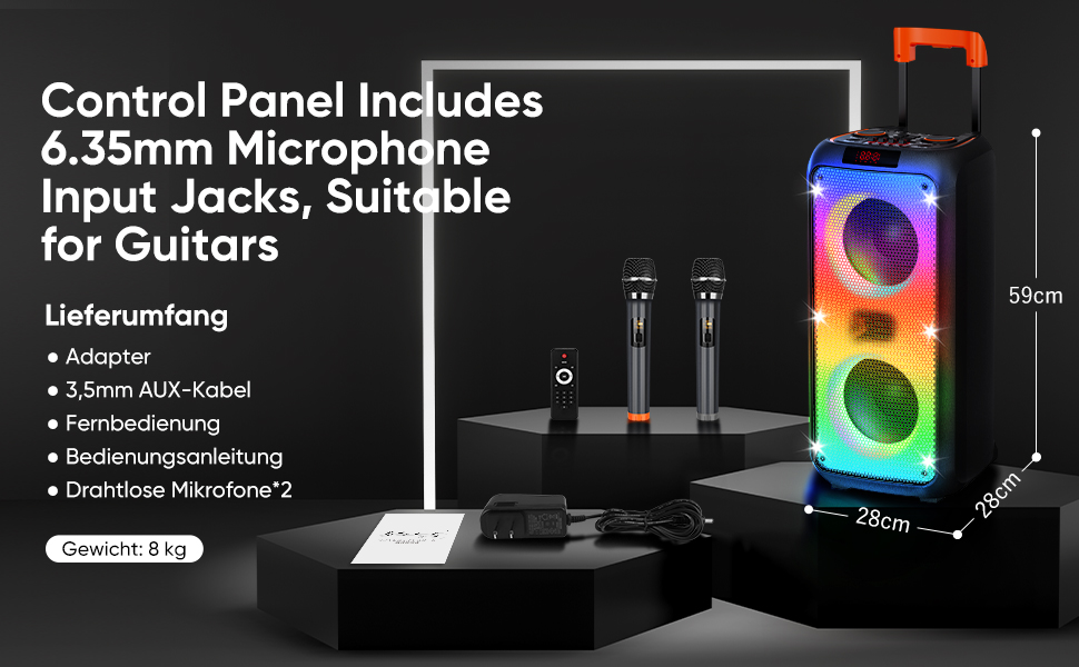 Караоке система Hukkmela з 2 мікрофонами, Bluetooth 5.3, USB, TF, Aux, LED підсвічування - чорний