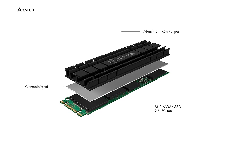Охолоджувач для M.2 SSD ICY BOX, 10 мм, алюміній, без вентилятора, чорний