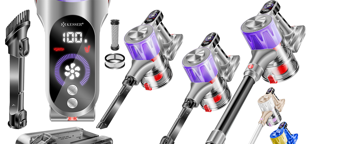 Бездротовий акумуляторний пилосос KESSER® з LED дисплеєм, до 60 хв роботи, тихий, без мішка, з антинамотувальною щіткою, HEPA фільтр, для твердих поверхонь та килимів, з аромадиском, чорний/червоний