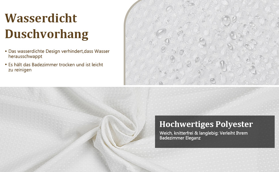 Штора для душу текстильна водонепроникна поліестер 180x200 см, біла з кільцями