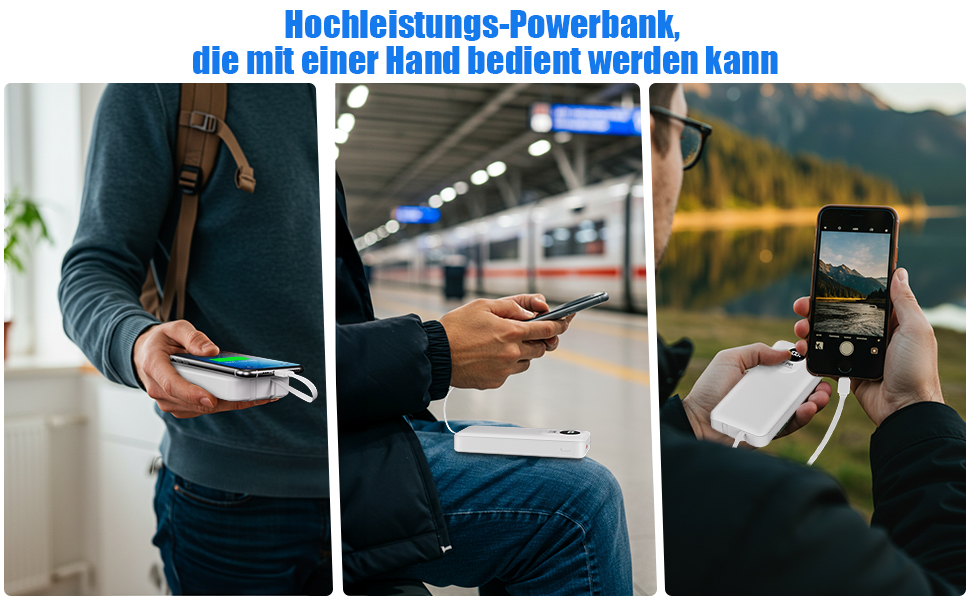 Power Bank 30000mAh з вбудованим кабелем: Швидка зарядка PD 22.5W, зовнішній акумулятор з великою ємністю, 4 виходи та 2 входи