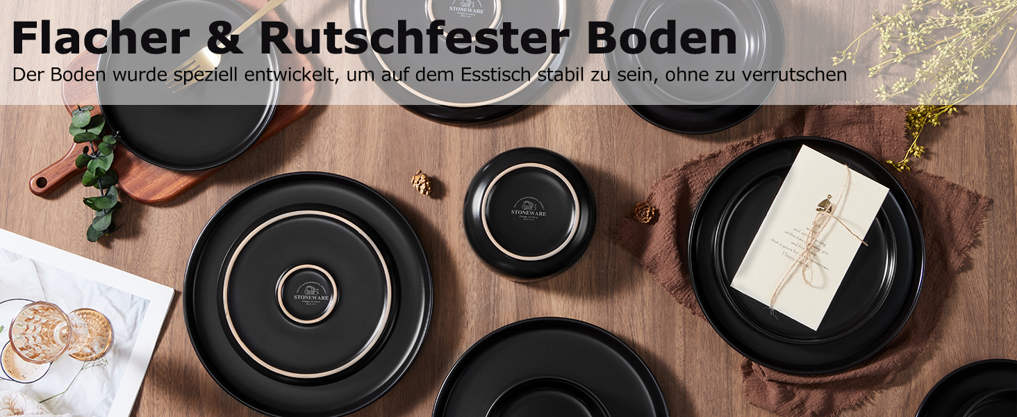 Набір посуду Onader на 6 осіб: 18-ти частинний сервіз з каменю, 6 тарілок, десертних тарілок, мисок, стійкий до миття в посудомийній машині та подряпин (Класичний чорний)