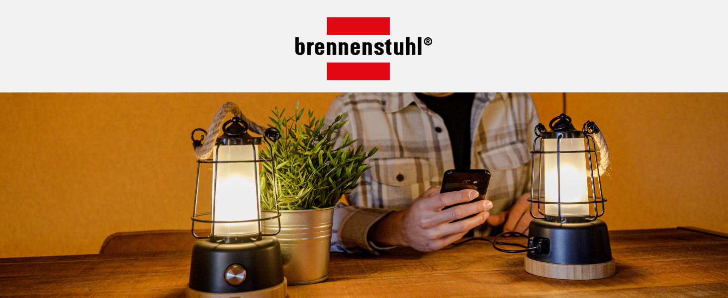 LED акумуляторний кемпінговий ліхтар Brennenstuhl CAL 1, 350 лм, IP44, до 75 годин роботи, регулювання яскравості і кольору, USB зарядка, з мотузкою з коноплі та основою з бамбука