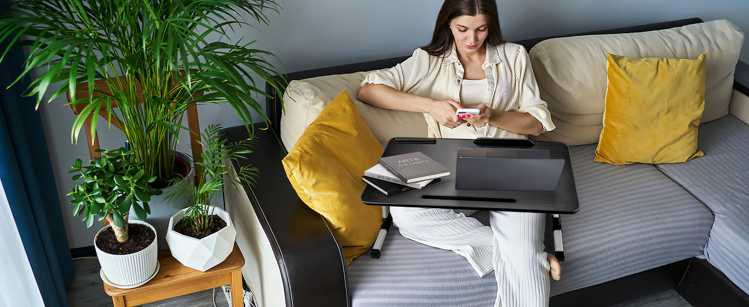 Стіл для ноутбука в ліжко, регульований, з ящиком, підставка для планшета, 60x34 см, чорний