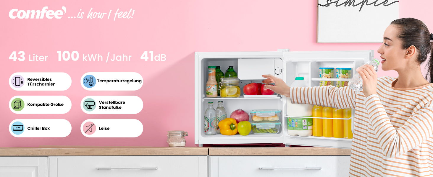 Mini холодильник Comfee RCD50WH2(E) 43L з відділенням для льоду, білий. Холодильник для кімнати та офісу, швидке охолодження, регулювання температури, енергоефективний (F)