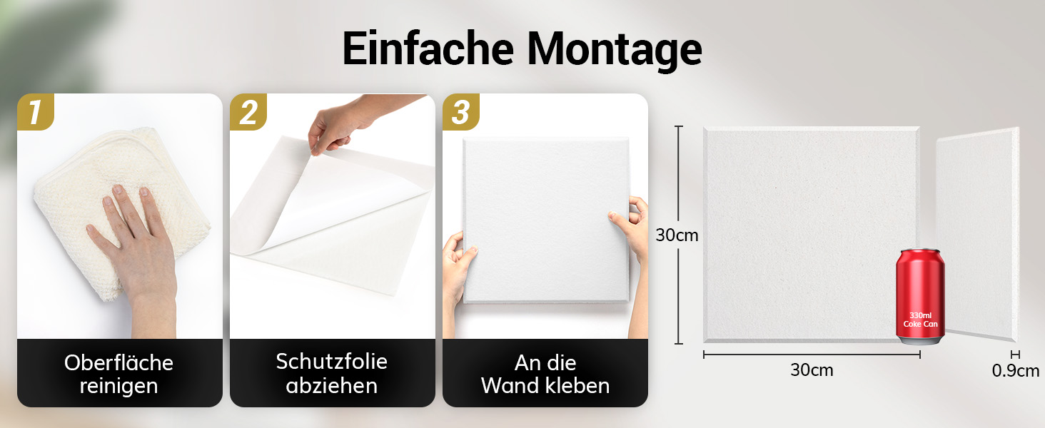 Акустичні панелі TONOR самоклеючі, 18 шт, квадратні 30x30x0,9 см, звукопоглинаючі плити зі щільного поліестеру для стін, стелі та дверей, білі