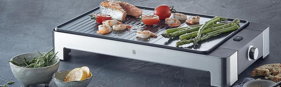 WMF Lono Flat & Ribbed Electric Grill - Stainless Steel Tabletop Grill with Adjustable Temperature (2300W)