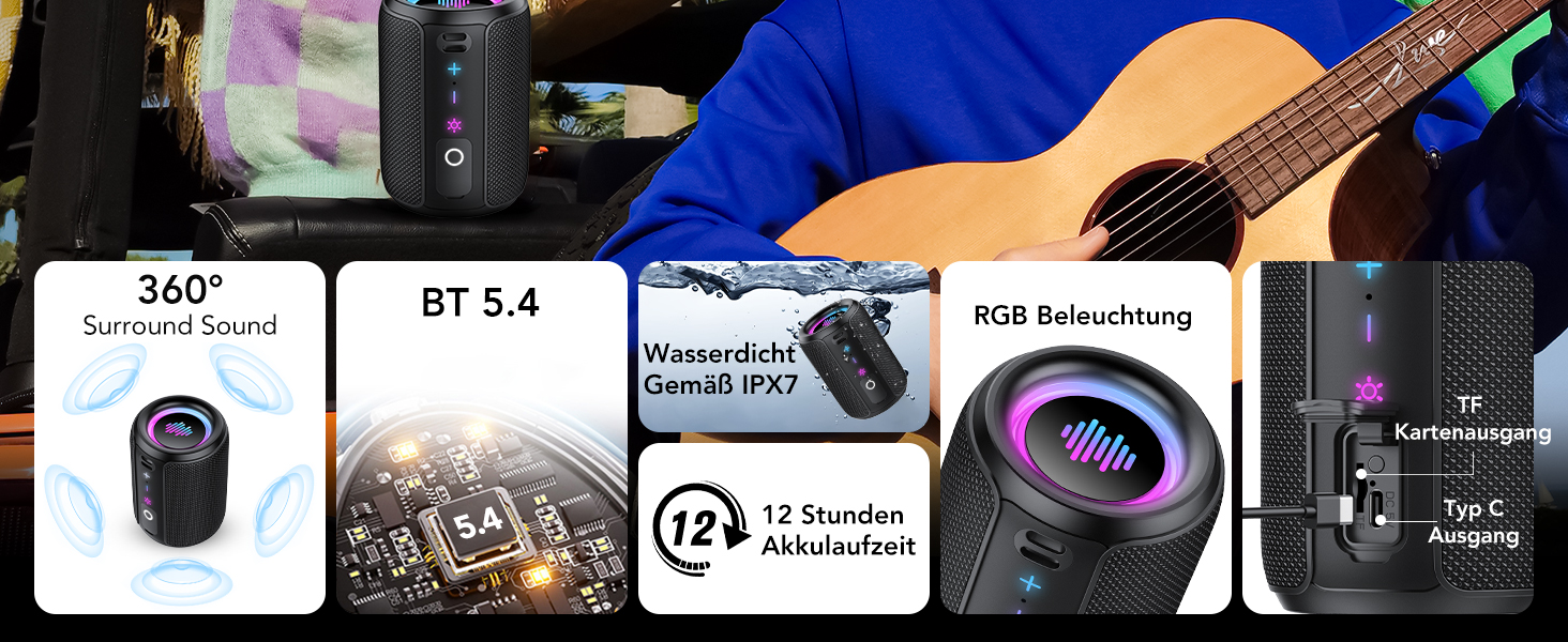 Bluetooth колонка 15W, портативна, водонепроникна IPX7, з TWS стерео, 12 год автономії, чорна – для спорту, вечірок, подорожей