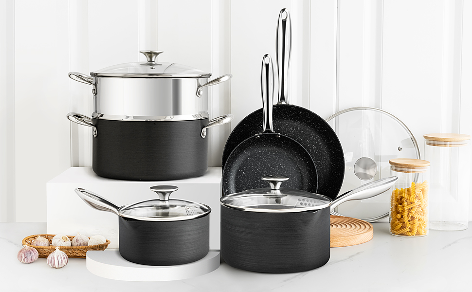 Набір каструль та сковорідок Michelangelo Kochtopf Set 10 шт. з кришкою, індукційне дно, чорний, з сито-кришкою та пароваркою