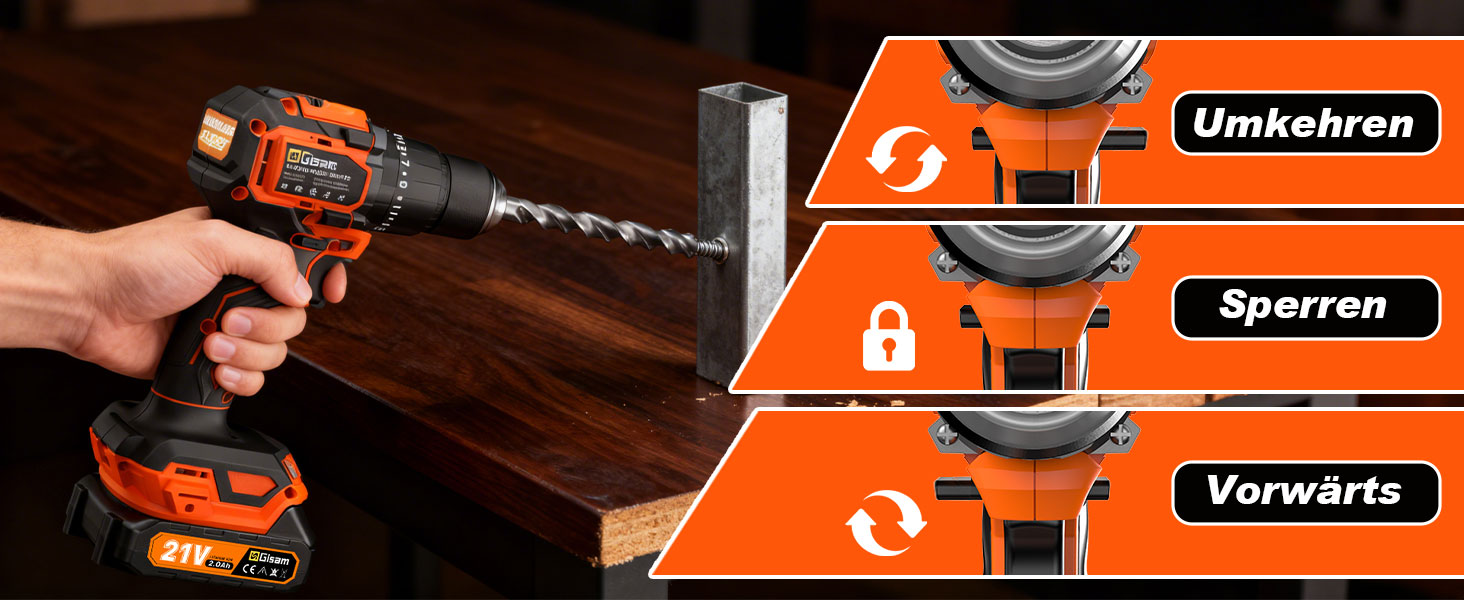 Акумуляторний шурупокрут/дрель 21V з набором 2 акумуляторів, 1200W двигун Brushless, 75Nm, 25+3 рівня крутного моменту, патрон 13мм, 2 швидкості, LED, 29-ти елементний набір для дому, саду та DIY-проектів помаранчевого кольору