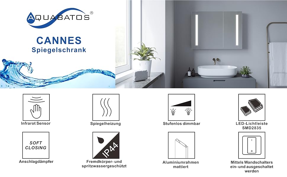 Дзеркальна шафа для ванної кімнати AQUABATOS з розеткою та підсвічуванням LED, 50x70 см. Шафа для ванної кімнати з дзеркалом, інфрачервоний датчик, регулювання яскравості, проти запотівання, холодне біле світло.